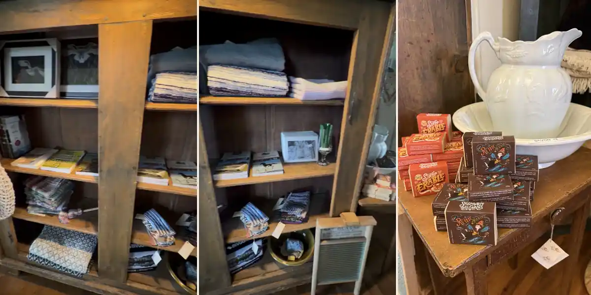 Onze vues de l’armoire principale, de la boutique et des produits, suivies du congélateur détouré rempli de plats préparés, défilant côte à côte.