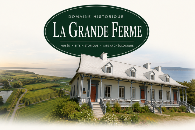 Visuel du domaine historique de La Grande Ferme, avec la maison de pierre, son enseigne et le paysage du fleuve.